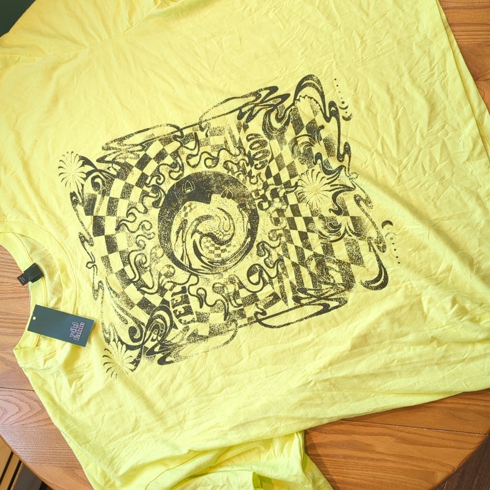 Wild fable lime green yellow checkerboard celestial oversized graphic tee